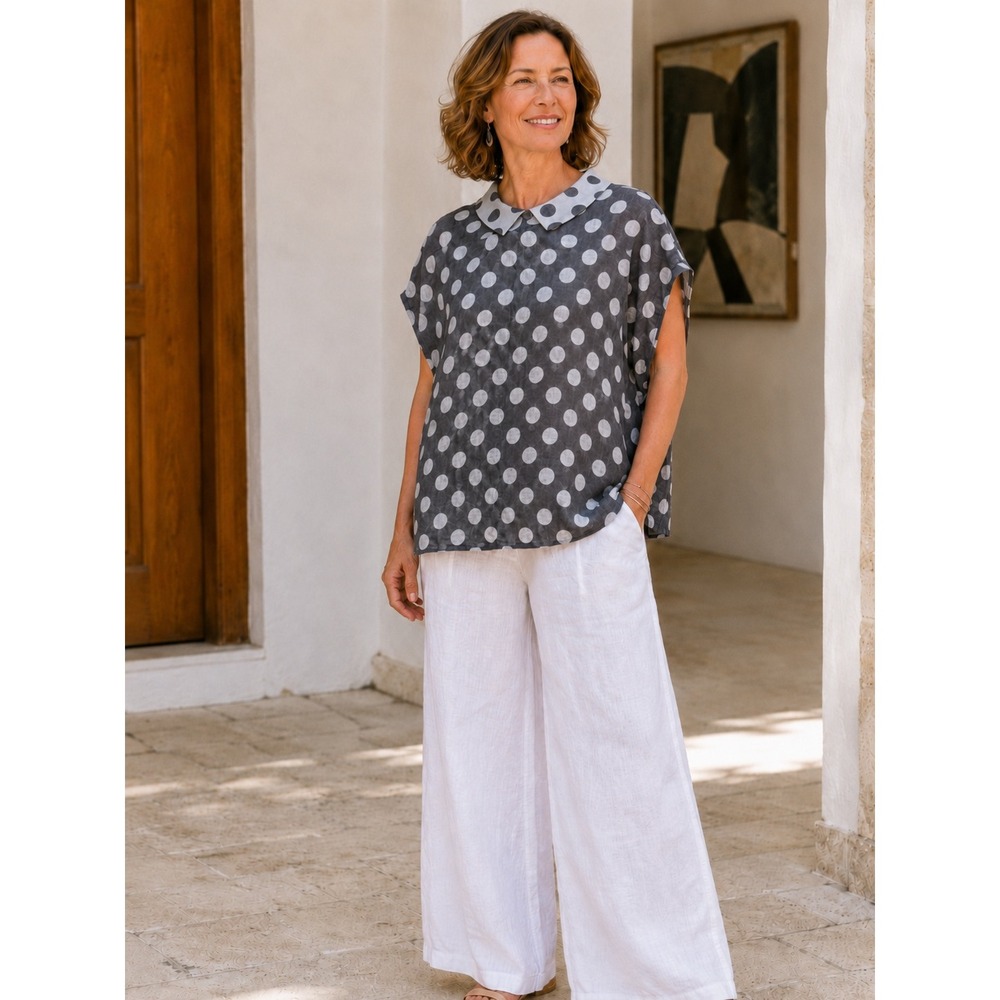 FLAX Linen Top Womens M Gray White Polka Dot Peter Pan Collar Boxy Lagenlook